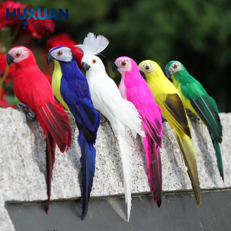 ornement jardin oiseau artificiel rouge bleu vert rose jaune blanc plumes yeux brillants clipsextérieur