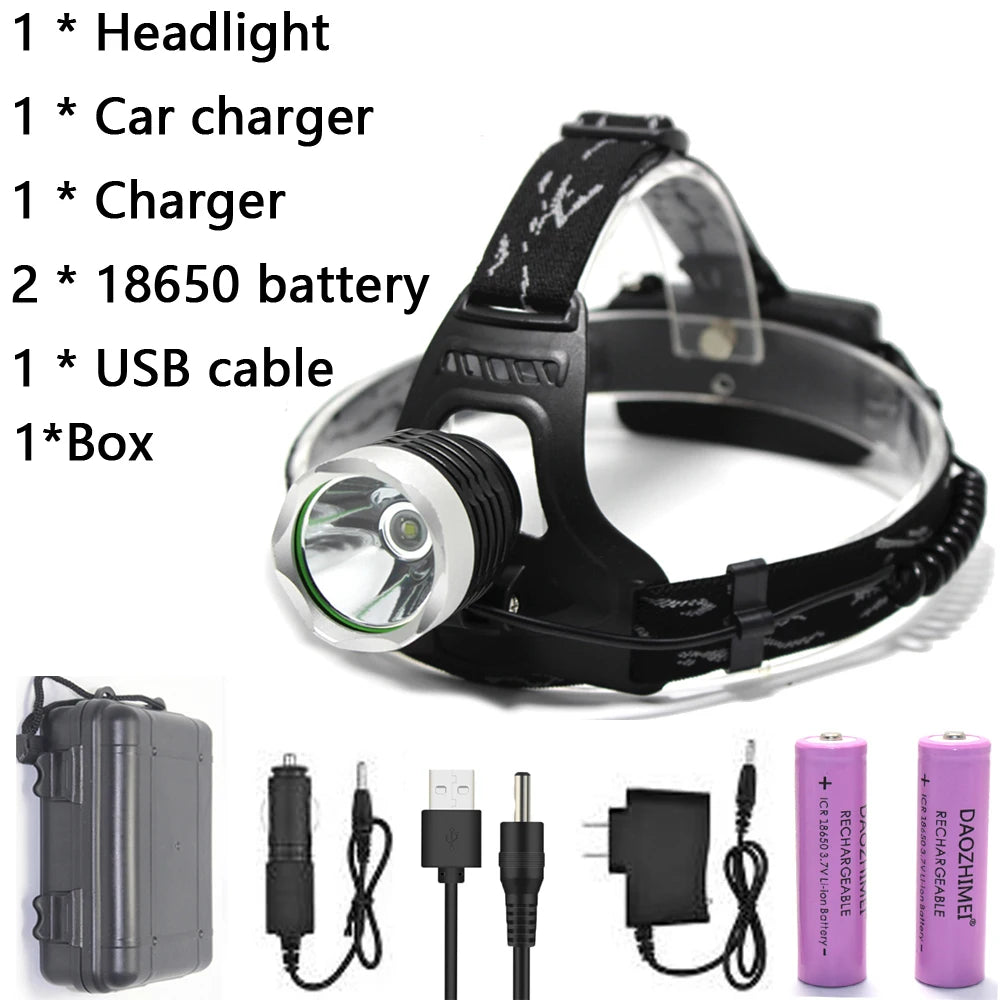 lampe frontale led super lumineuse modes étanche phares t6 camping pêche randonnée chargeur usb