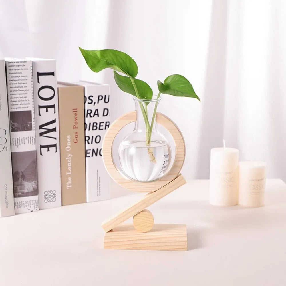 vase plante transparent verre bois moderne support table minimaliste naturel élégant deco