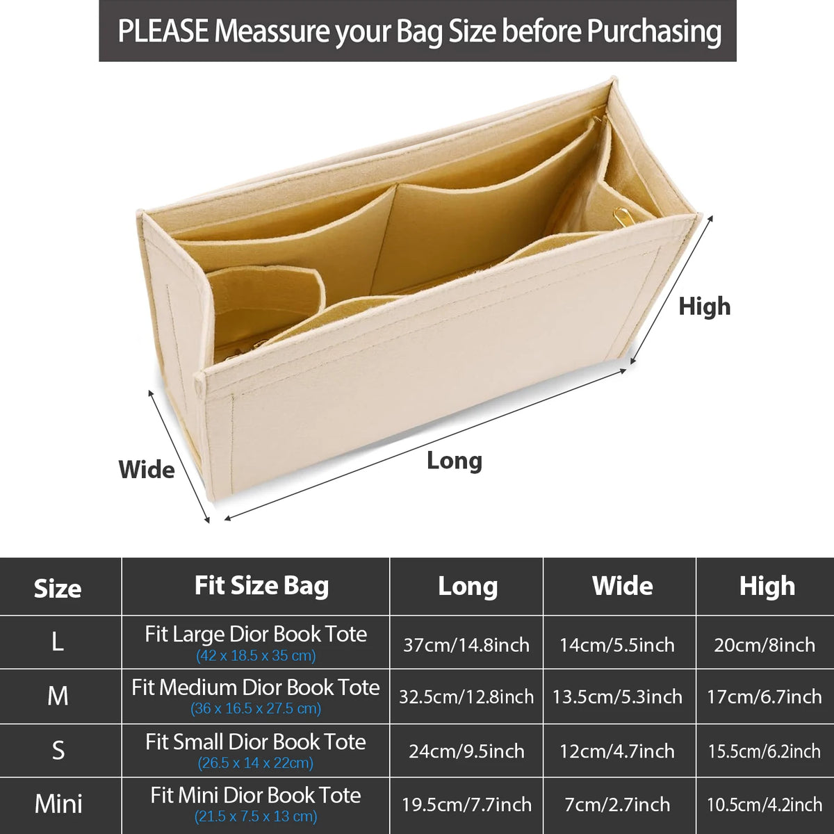 organisateur sac main feutre compartiments rangement insert pliable monogramme beige noir grande taille