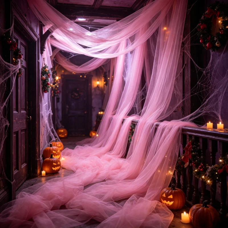 tulle rose transparent tissu polyester décoration mariage anniversaire noël halloween festif 50m