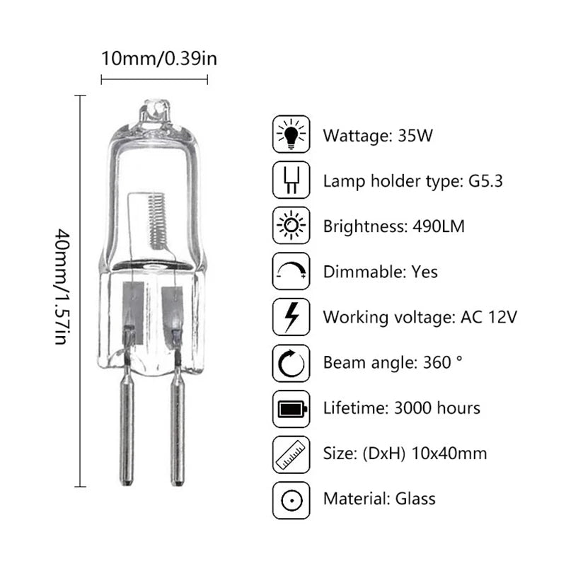 ampoules halogènes transparentes 12V 220V G4 G5.3 G9 filament classique 20W 25W 35W 40W