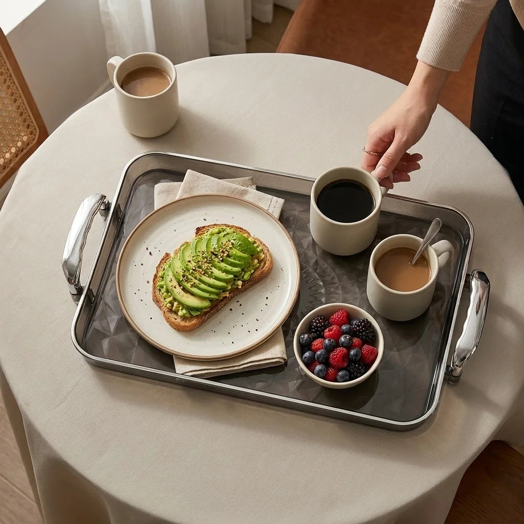 plateau repas moderne argenté assiettes tasses théière fruits bougie magazine vintage
