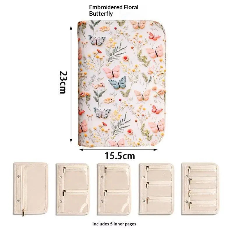 sac rangement bijoux fleurs papillons motifs floraux zips beige doré bleu rose verte Jaune