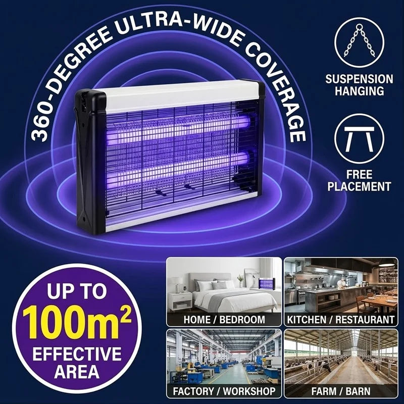 lampe anti moustiques uv silencieuse tueur insectes moderne suspension noir blanc violet grille métallique