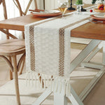 tableau lin chemin table géométrique franges rustique bohème beige blanc