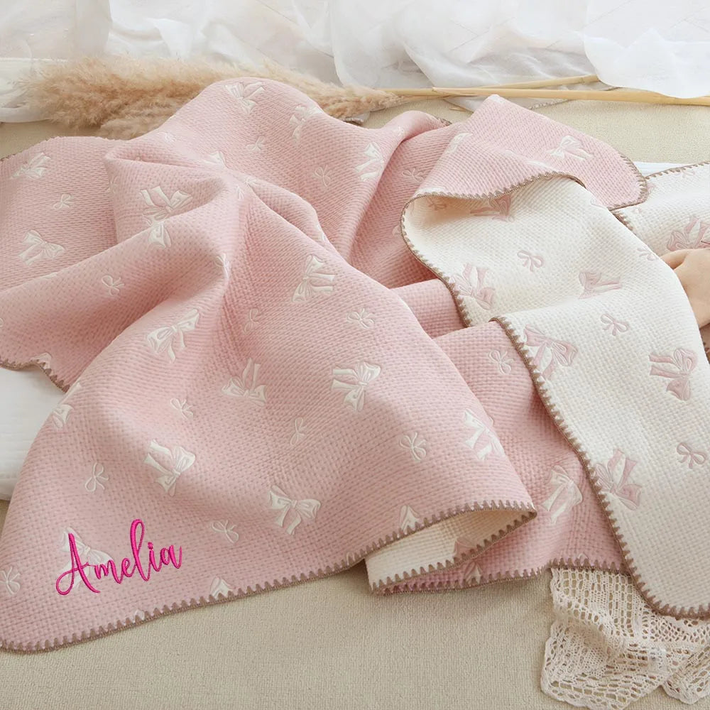couverture bébé coton rose clair rubans blancs moderne enfantine portable voyage hiver automne