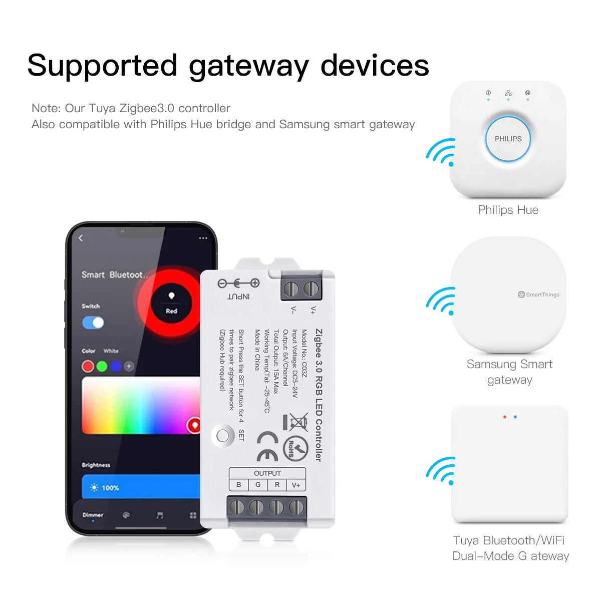contrôleur led zigbee 3.0 wifi rgb rgbcct bande lumière ajustement luminosité télécommande application mobile