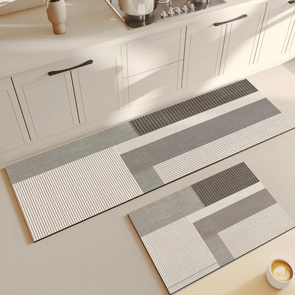 tapis cuisine imperméable antidérapant moderne beige gris simple ligne horizontale minimaliste