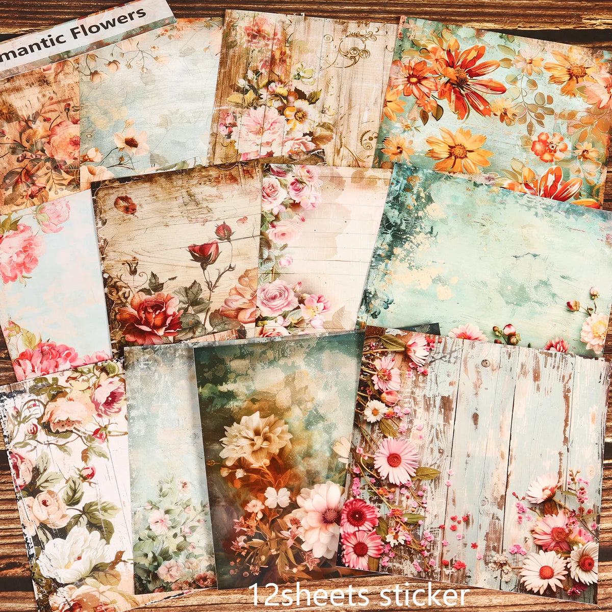 serviettes imprimées multicolores fleurs vintage roses pivoines marguerites bois patiné set table