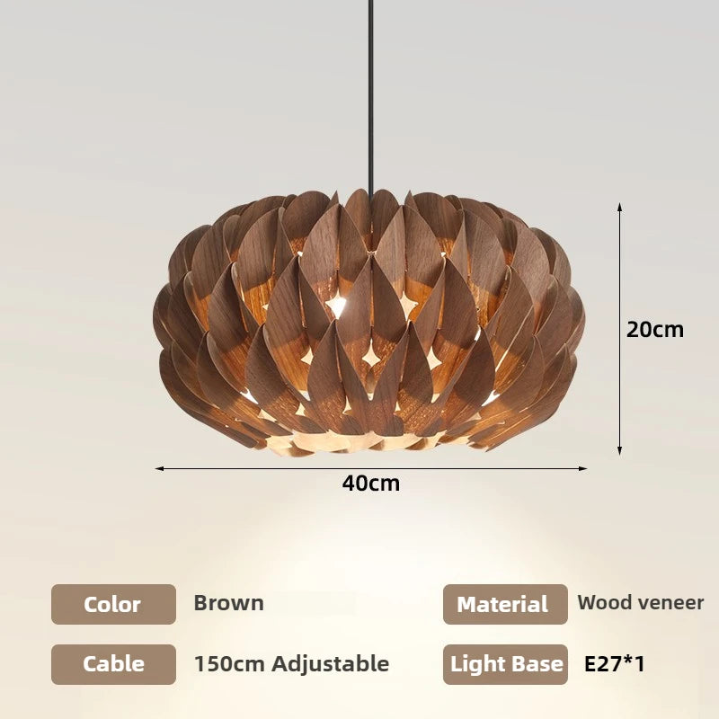 lampe suspendue moderne bois feuilles ouvertes organique câble noir interrupteur