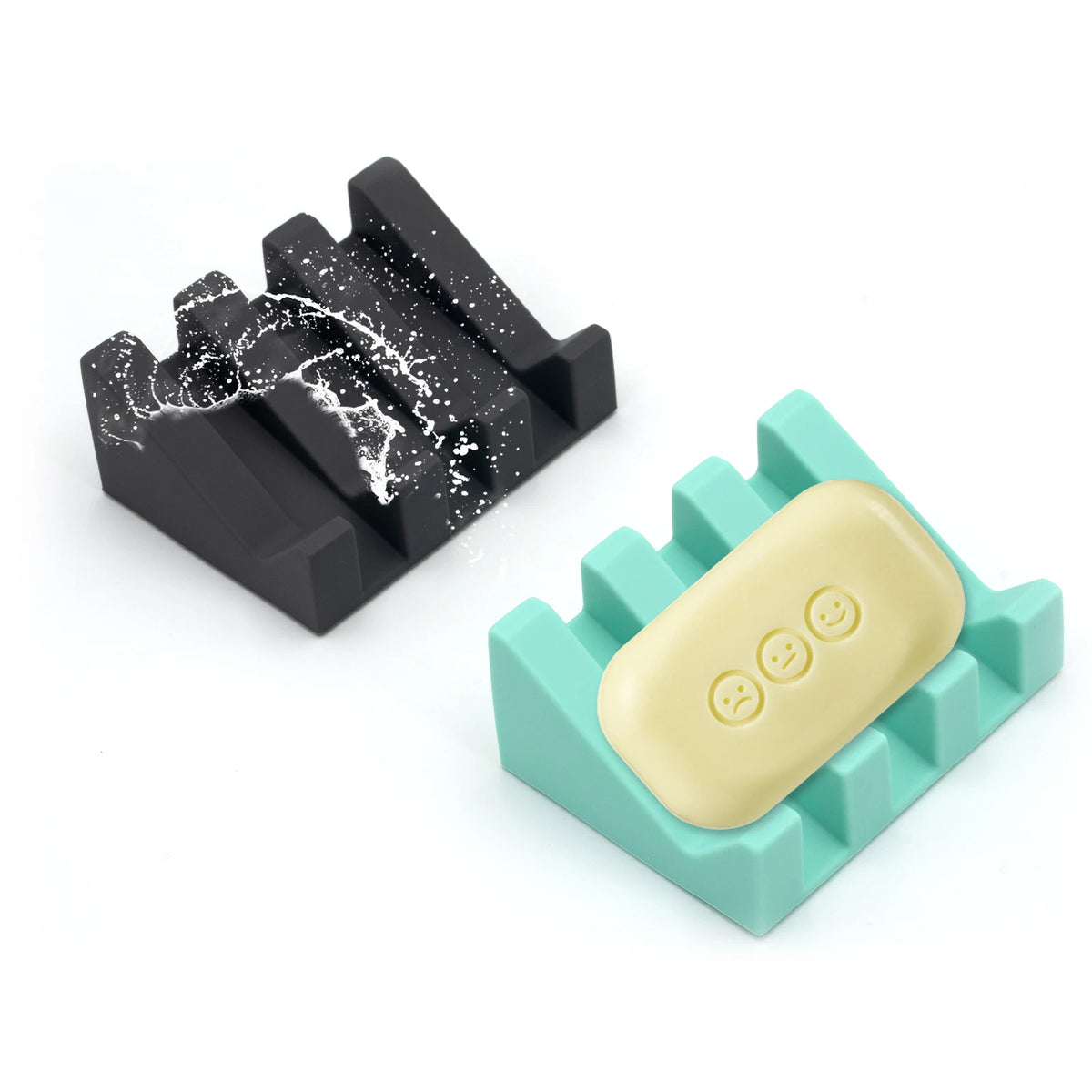 support savon moderne silicone couleur noir vert clair motif abstrait sourires texture douce salle