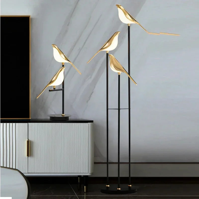 lampe poser oiseaux or blanc noir finition métallique contemporaine minimaliste(touches