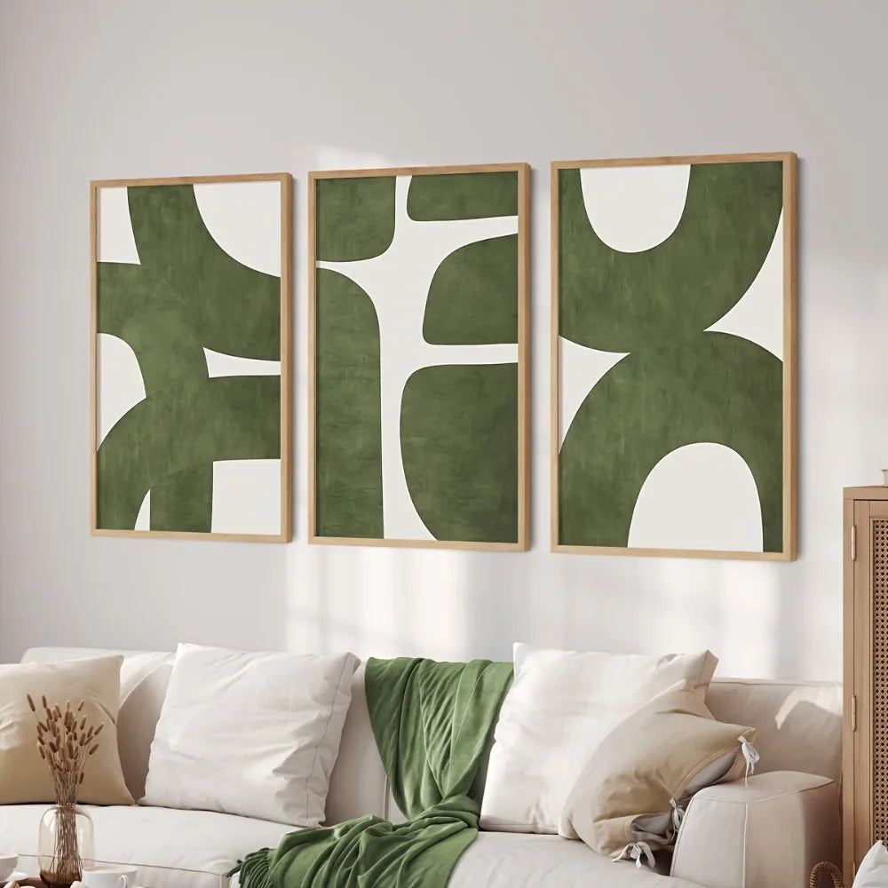 toile d'art abstraite contemporaine verte minimaliste trois pièces sans cadre géométrique veloutée chambre salon