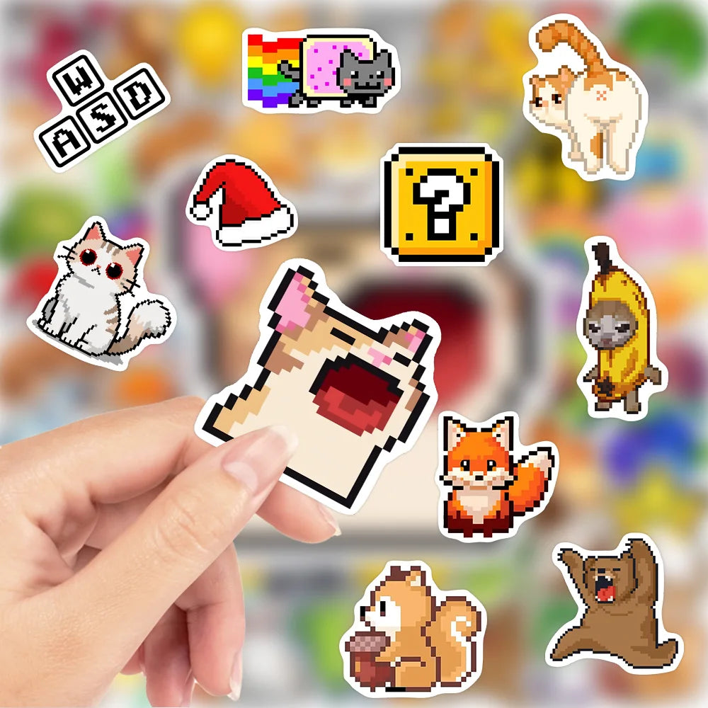 Stickers vinyle imperméables pixel art animaux multicolores adhésifs usage unique adultes adolescents