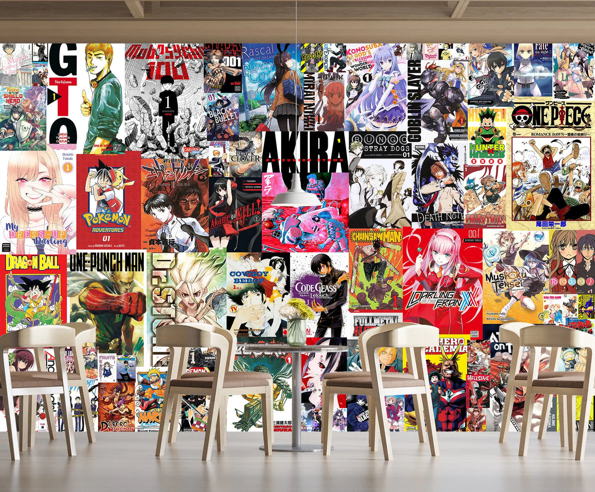 tapisserie manga anime pop art multicolore décoration murale papier peint personnages couvertures environnements chambre