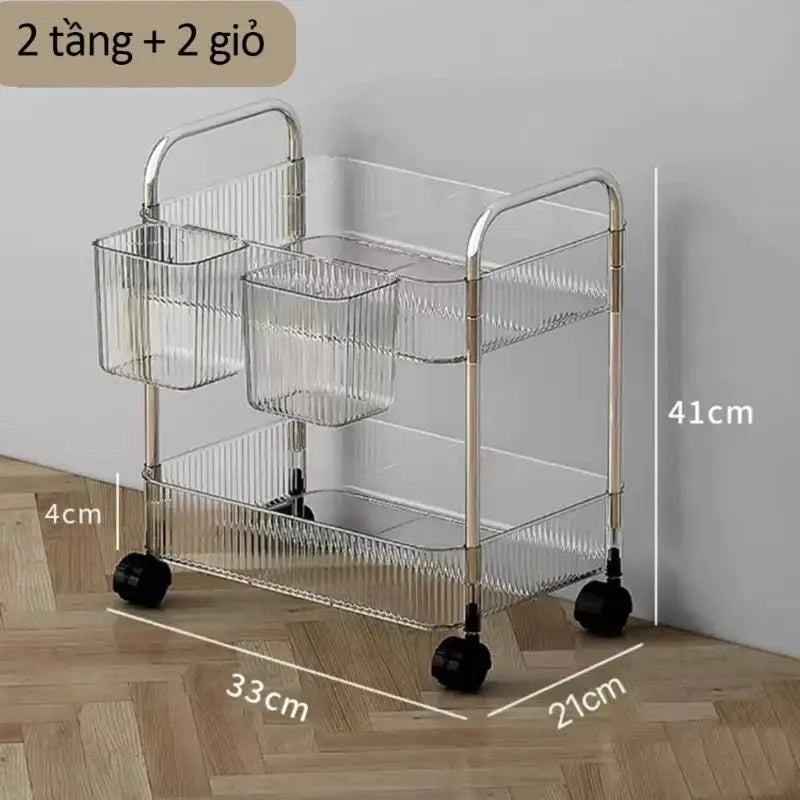 chariot roulettes transparent moderne compartiments striés rangement cosmétiques objets divers
