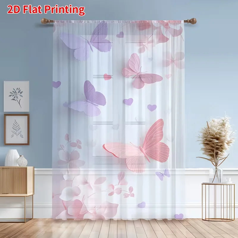 rideau transparent rose violet papillons cœurs moderne fenêtre polyester 132x160cm