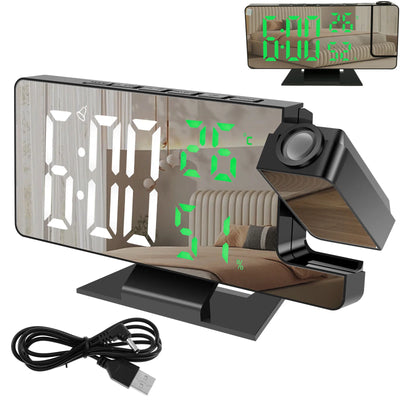 réveil projecteur miroir led noir blanc vert texture bois minimaliste horloge alarme