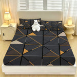 ensemble literie moderne drap housse bleu foncé gris doré motifs triangles taies oreillers adultes