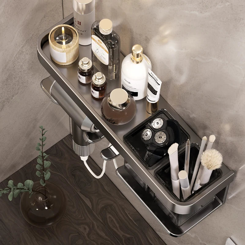 étagère salle bain rangement adhésif gris métallisé moderne boîte pilules tube crème brosse dents