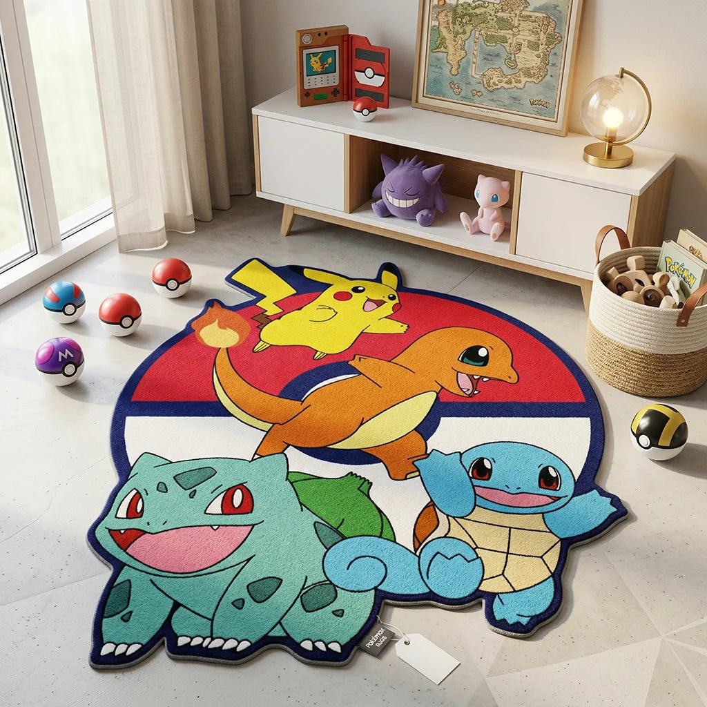 tapis dessin animé pokémon pikachu charmander bulbasaur squirtle rouge bleu vert Jaune orange blanc