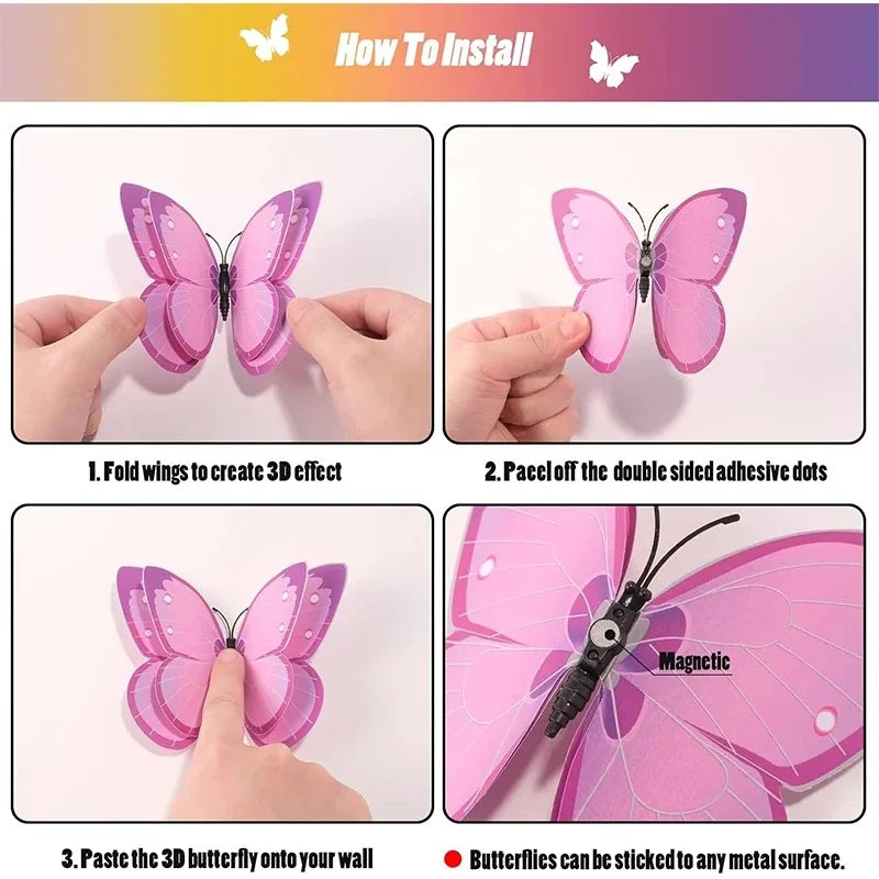 décoration murale papillons 3d adhésifs pvc rose violet blanc brillants 12 pièces différents