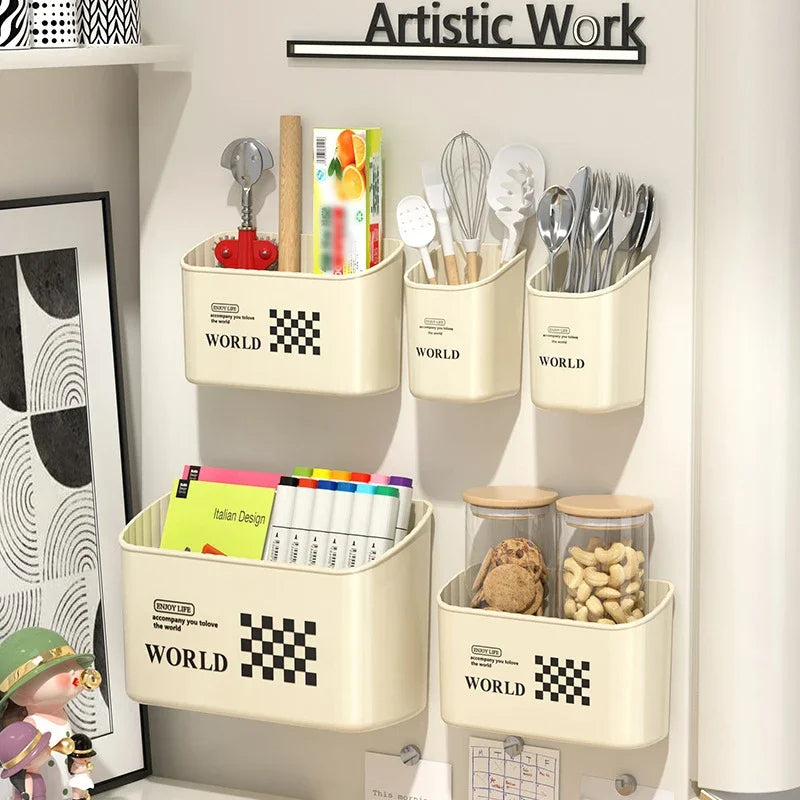 bacs rangement adhésifs motif damier moderne minimaliste beige clair cuisine utensiles organisation minimalistechef