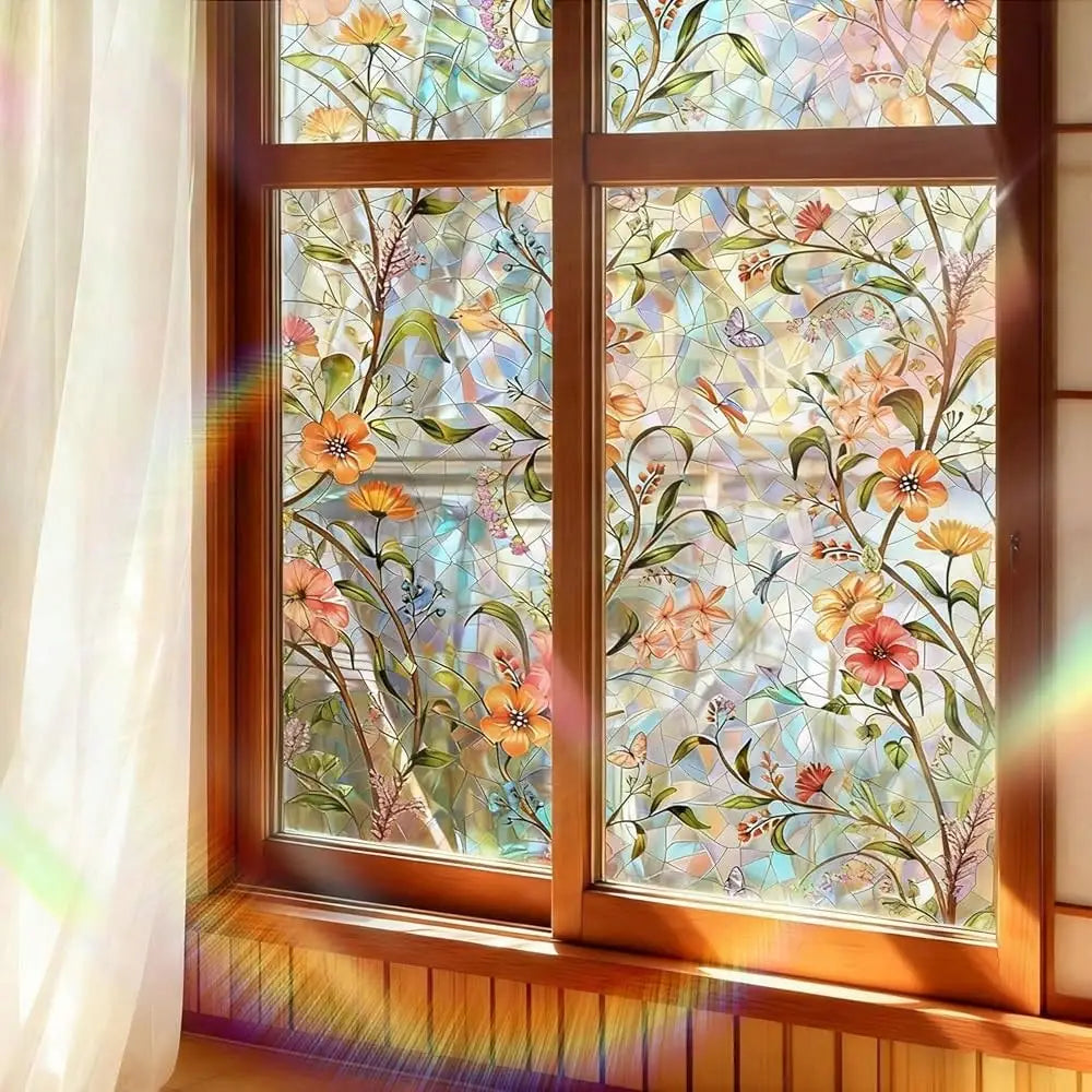 film décoratif multicolore fleurs papillons protection uv isolation thermique semi transparent moderne accroissement statique