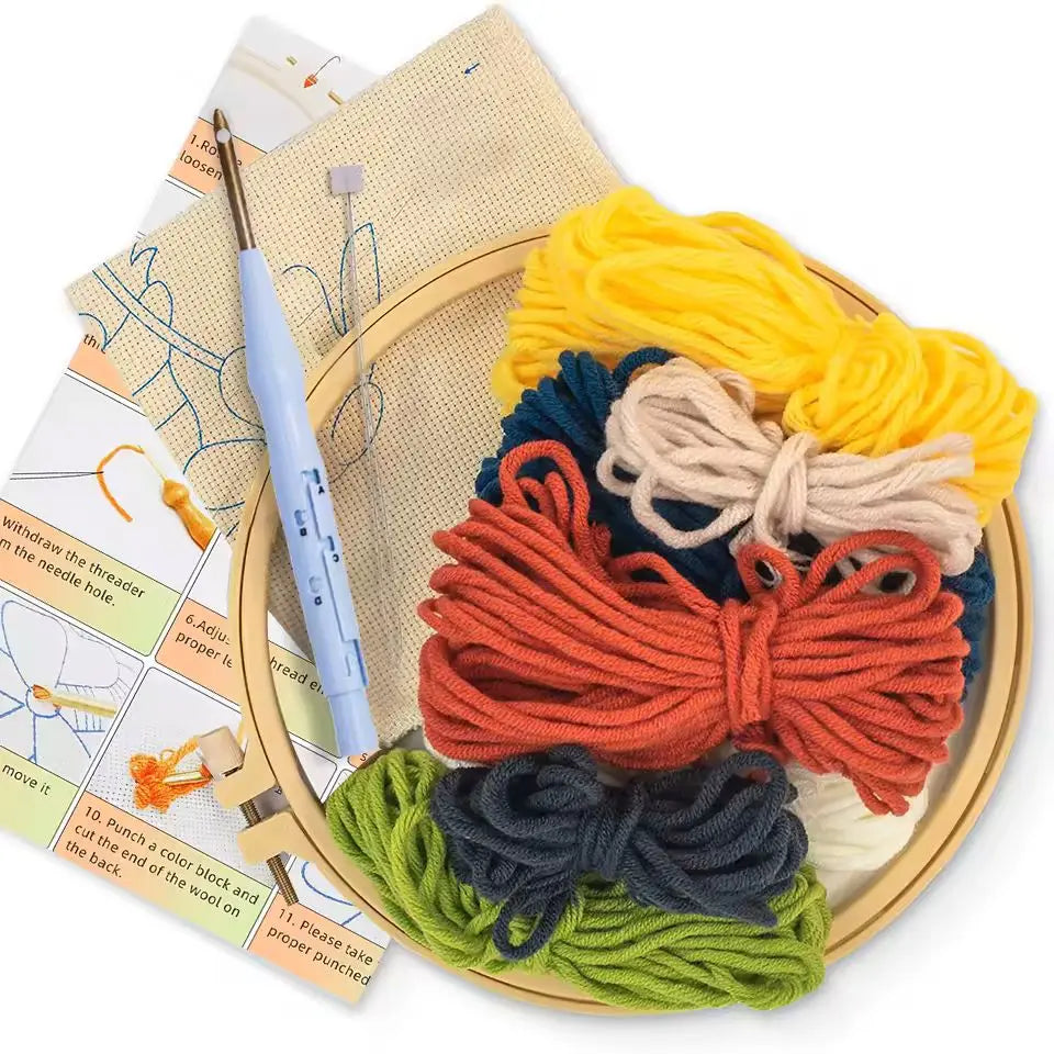 kit broderie punch needle débutants motif floral aiguille fil tissu multicolore artisanal instructions anneaux