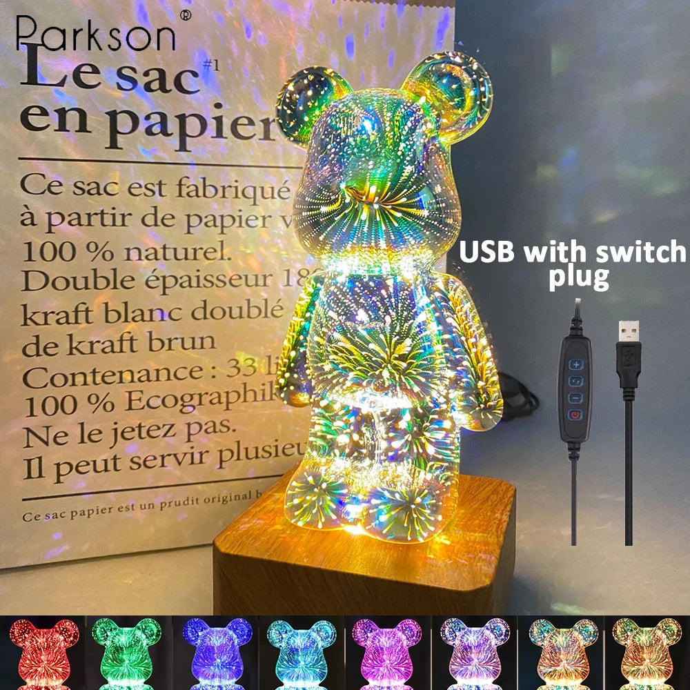 lampe led ours 3d transparent multicolore adhésif base bois câble usb interrupteur moderne chambre