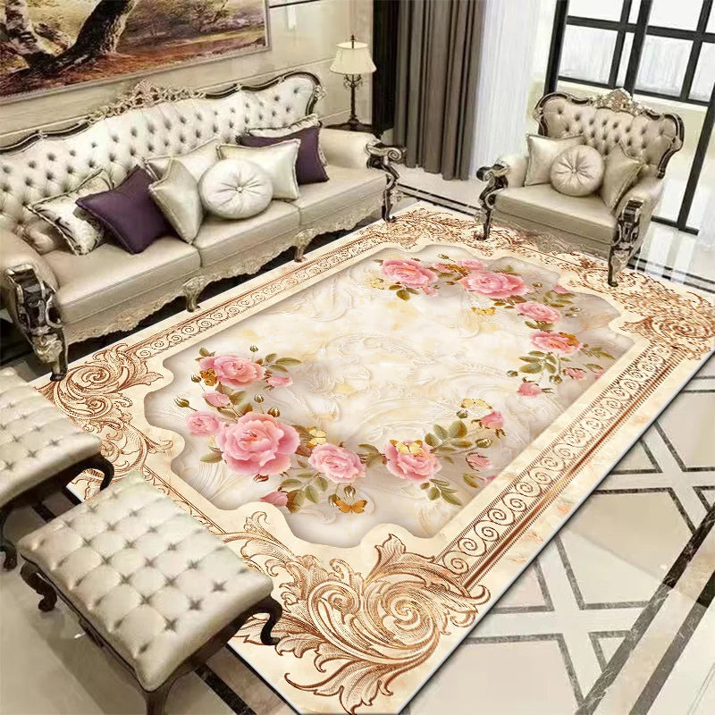 Tapis décoratif de luxe avec un motif floral élégant, entouré de meubles vintage dans un intérieur chic et raffiné.
