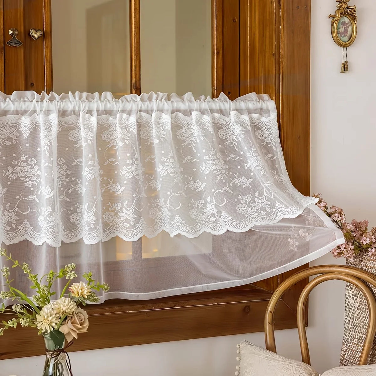 rideau blanc broderie florale transparent classique polyester fenetre cuisine salon chambre balcon