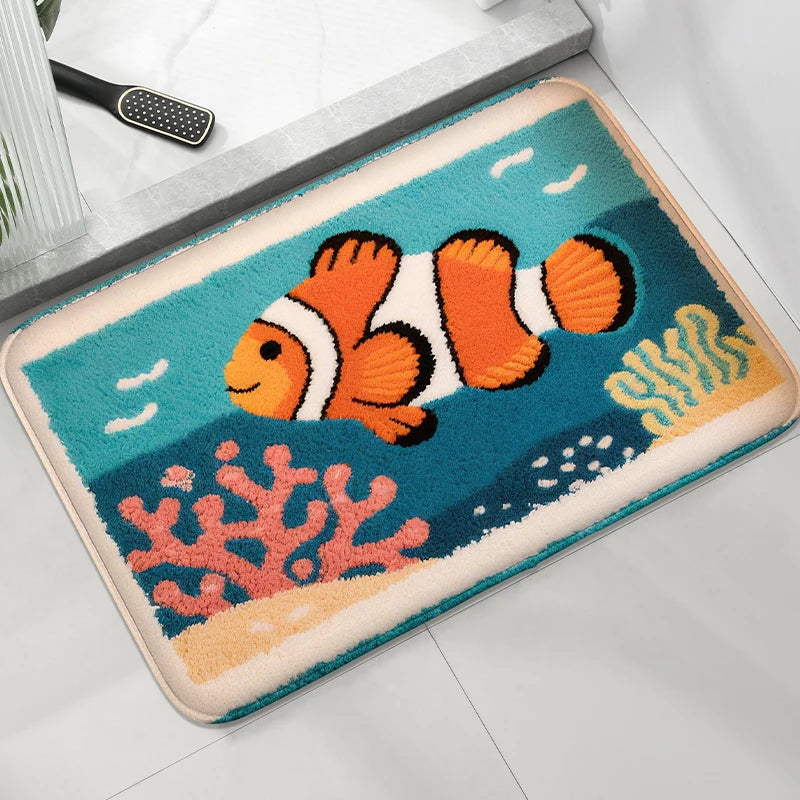 tapis bain moderne beige gris orange noir blanc vagues coquillages coraux absorbant antidérapant machine