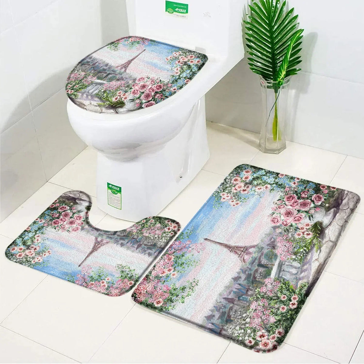 ensemble tapis bain salle bain rouge fleurs roses motif moderne coton doux décoratif