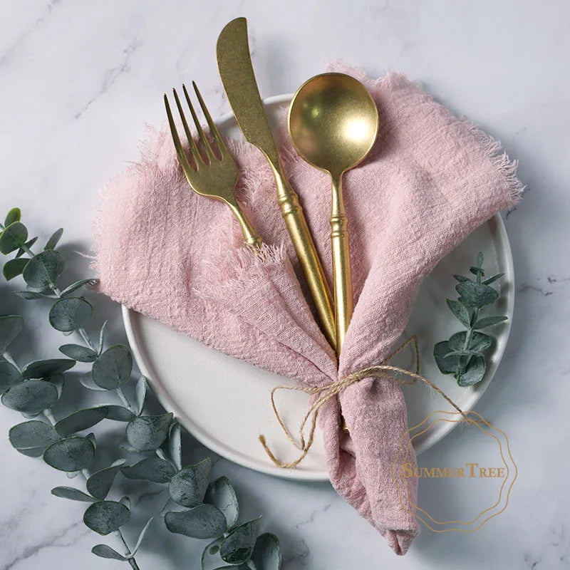 serviettes cuisine rustiques coton noir orange beige blanc rose pâle franges rustic naturel