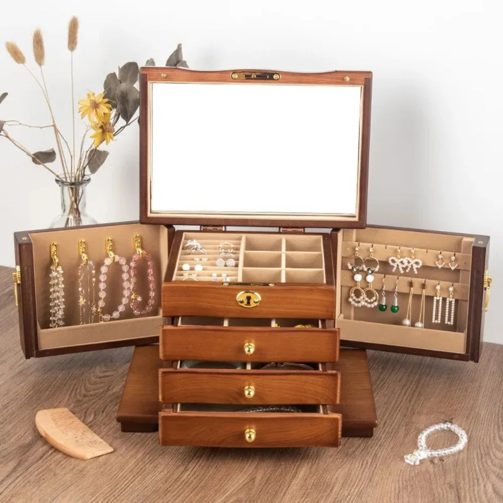 boîte bijoux bois velours marron clair poignées dorées serrure classique compartments sécurité transporte bijoux