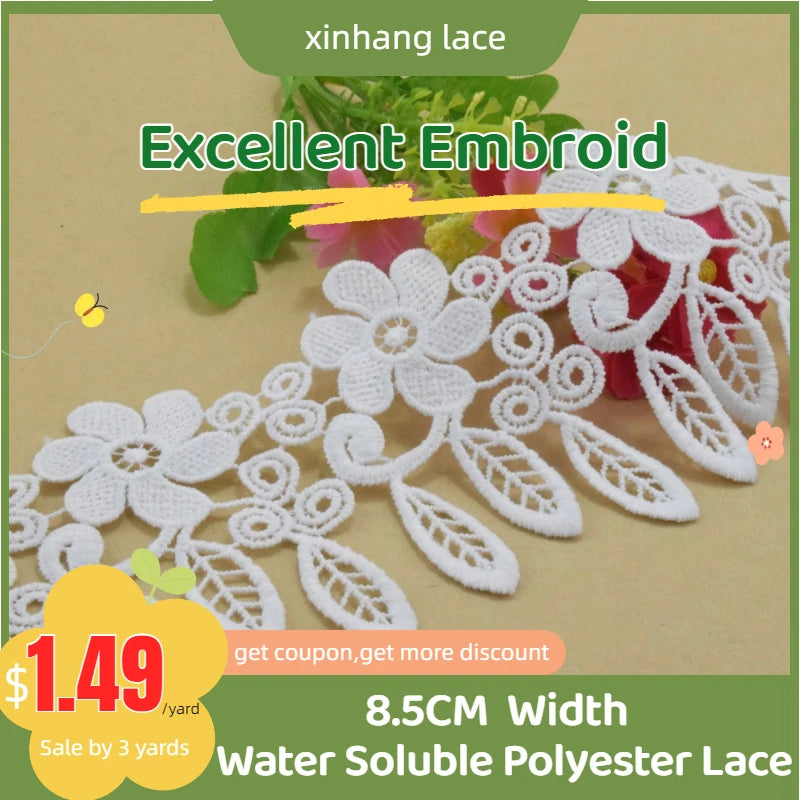 dentelle blanche brodée motifs fleurs feuilles ajourée 8.5cm largeur couture bricolage création transparente