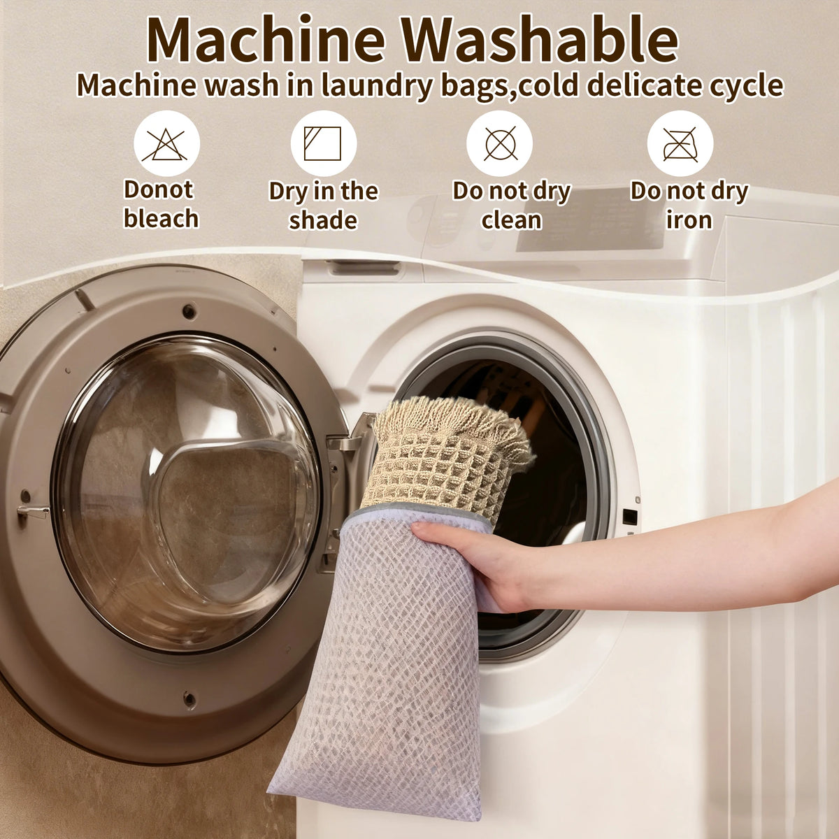 tapis bain moderne beige clair tissé motifs géométriques franges antidérapant respectueux environnement machine