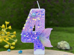 bougies numéraires paillettes sirène violet doré anniversaire décoration gâteau thème pois queue poisson festive