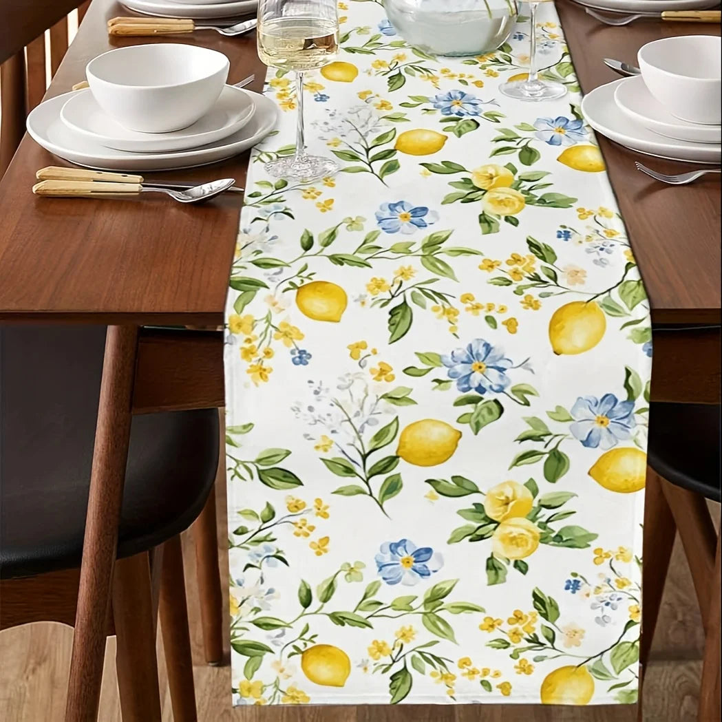 chinois table lin motif floral citrons fleurs feuilles blanc jaune vert bleu decorative rustic