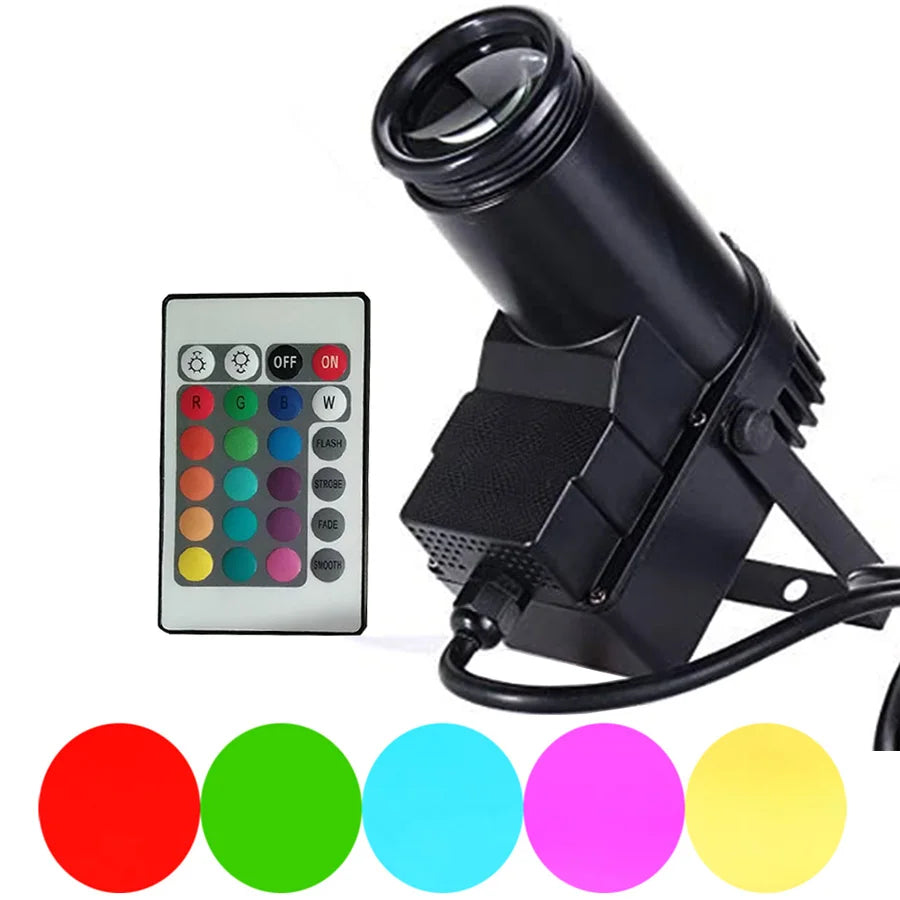 projecteur led pinspot 10w rgb noir blanc télécommande fête anniversaire mariage karaoké bar pub