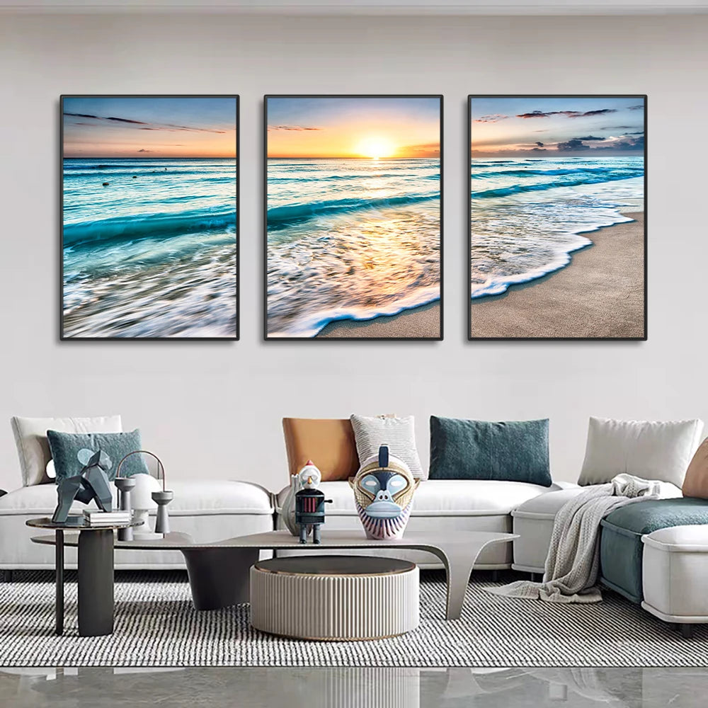 tableaux murals moderne paysagers plage couchersoleil vague sable ciel bleu blanc beige gris orange