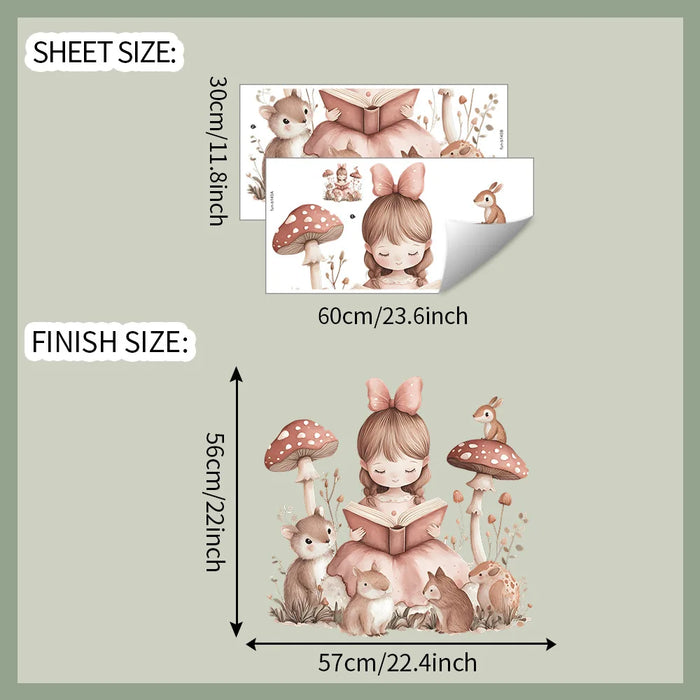 sticker mural illustration fille lisant rose beige marron cartoon adhésif chambre salon