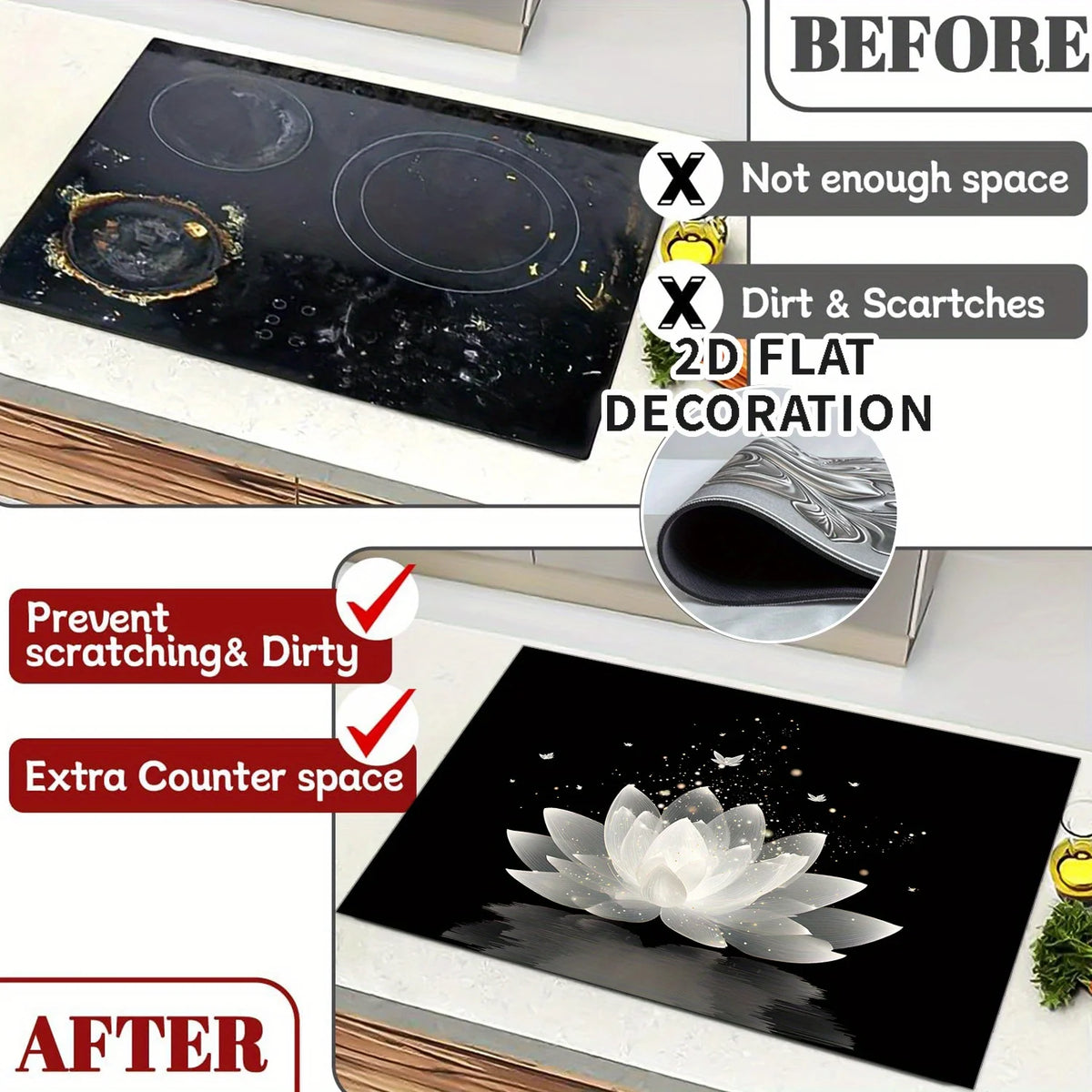 protège plaque induction noir blanc doré motif lotus effet miroir adhésif flexible décoration cuisine