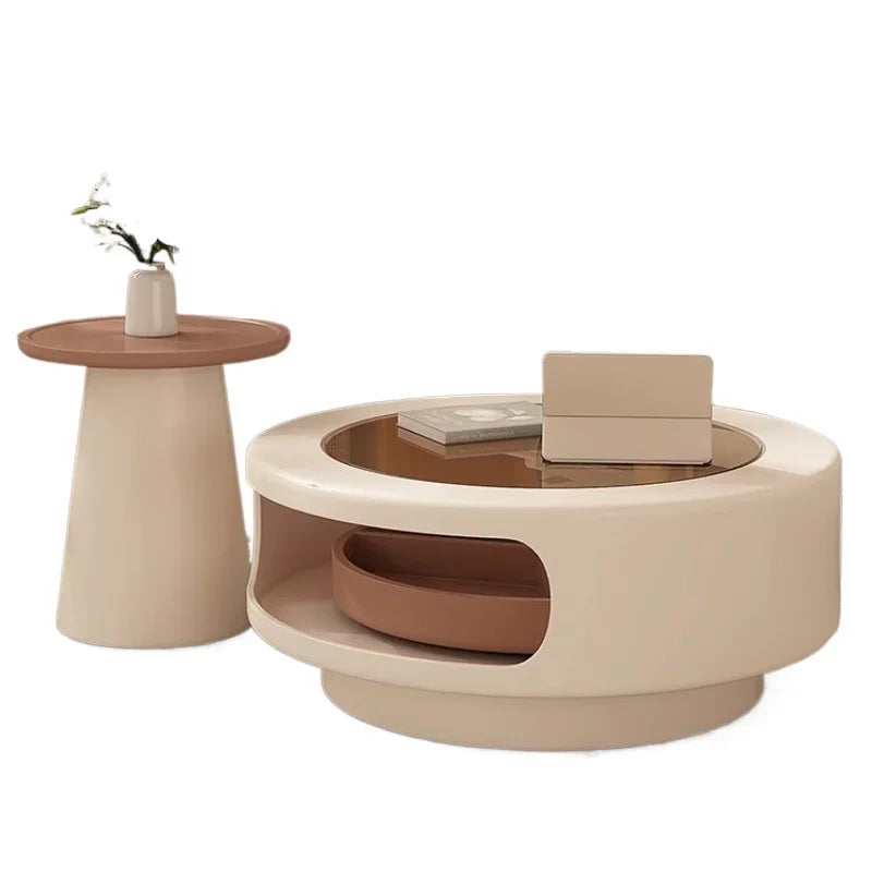 table basse moderne verre transparent plateau rotatif compartiment trois sections couleur beige marron clair