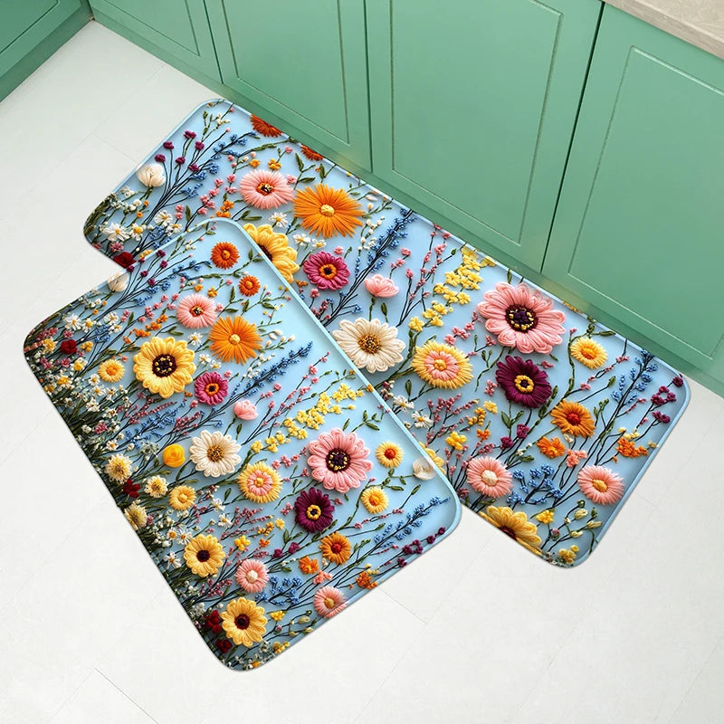 tapis sol antidérapant fleurs colorées moderne vert foncé bleu clair blanc absorbantintérieur chambre cuisine
