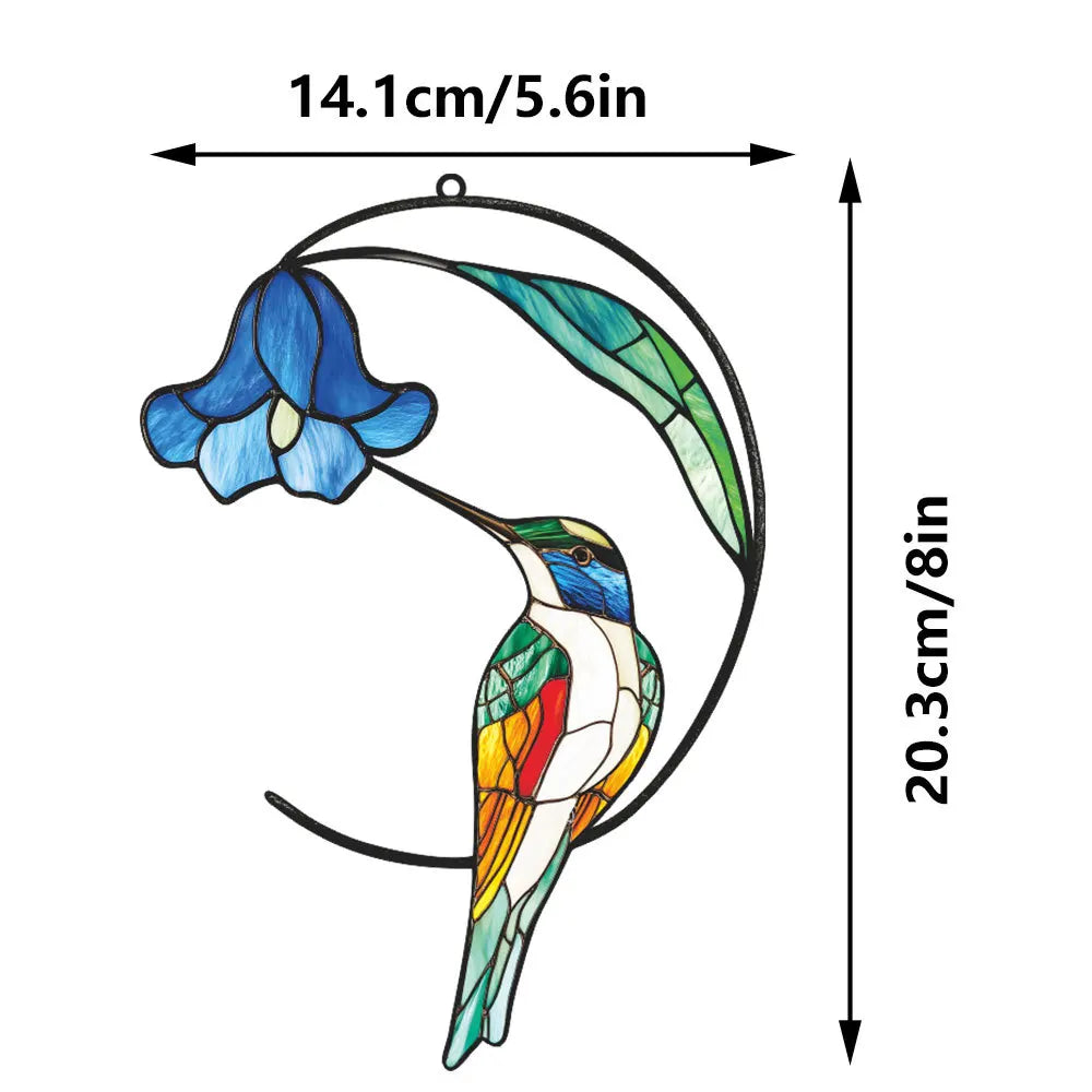 pendentif oiseau verre coloré bleu vert blanc rouge motifs floraux art deco tiffany crochets