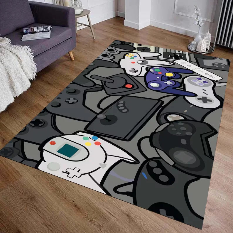 tapis moderne manette jeu colorée noir bleu violet rose jaune blanc