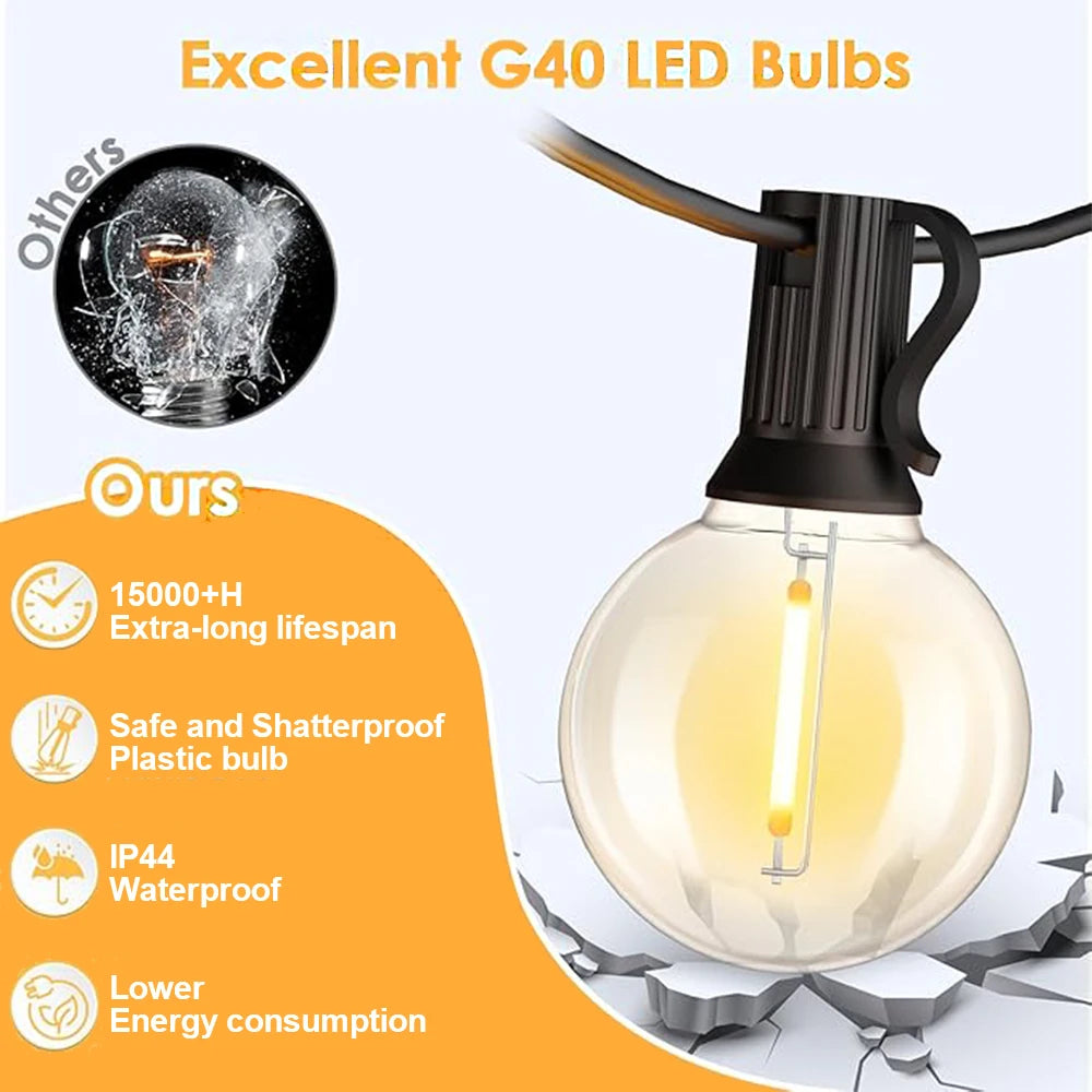 guirlande lumineuse led g40 extérieure transparente jaune doré sphères verre filament blanc vintage clips
